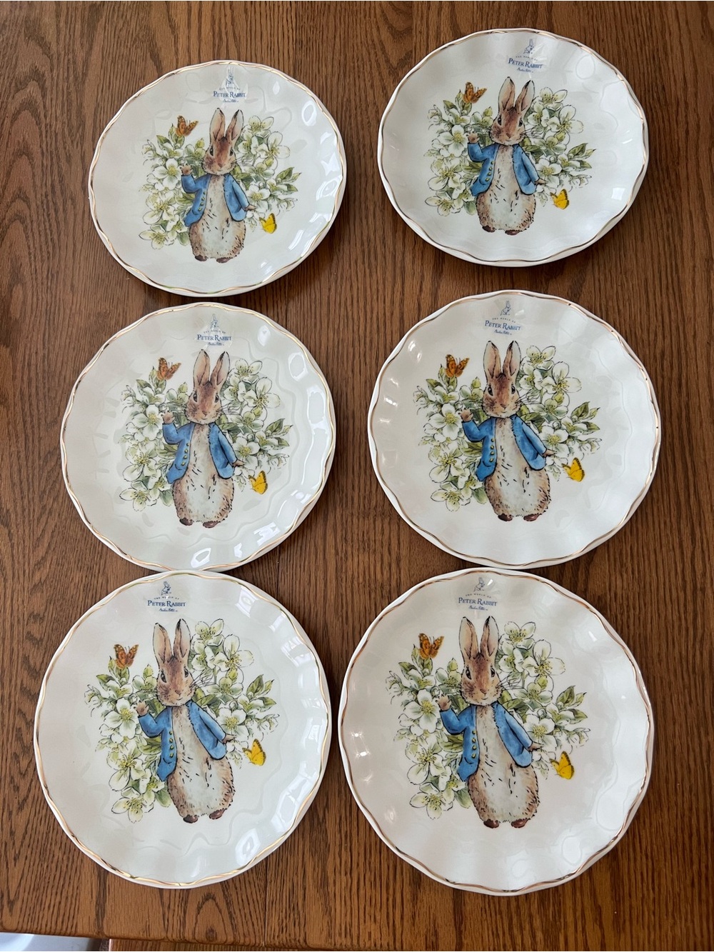 Beatrix Potter Peter Rabbit White Ceramic Salad Dessert Plates - Set of 6 NWT